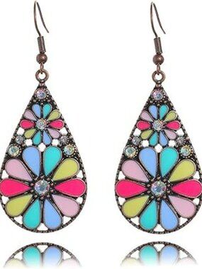 New Hippie or Boho Flower Teardrop Earrings Handmade Trendy Colorful Flower